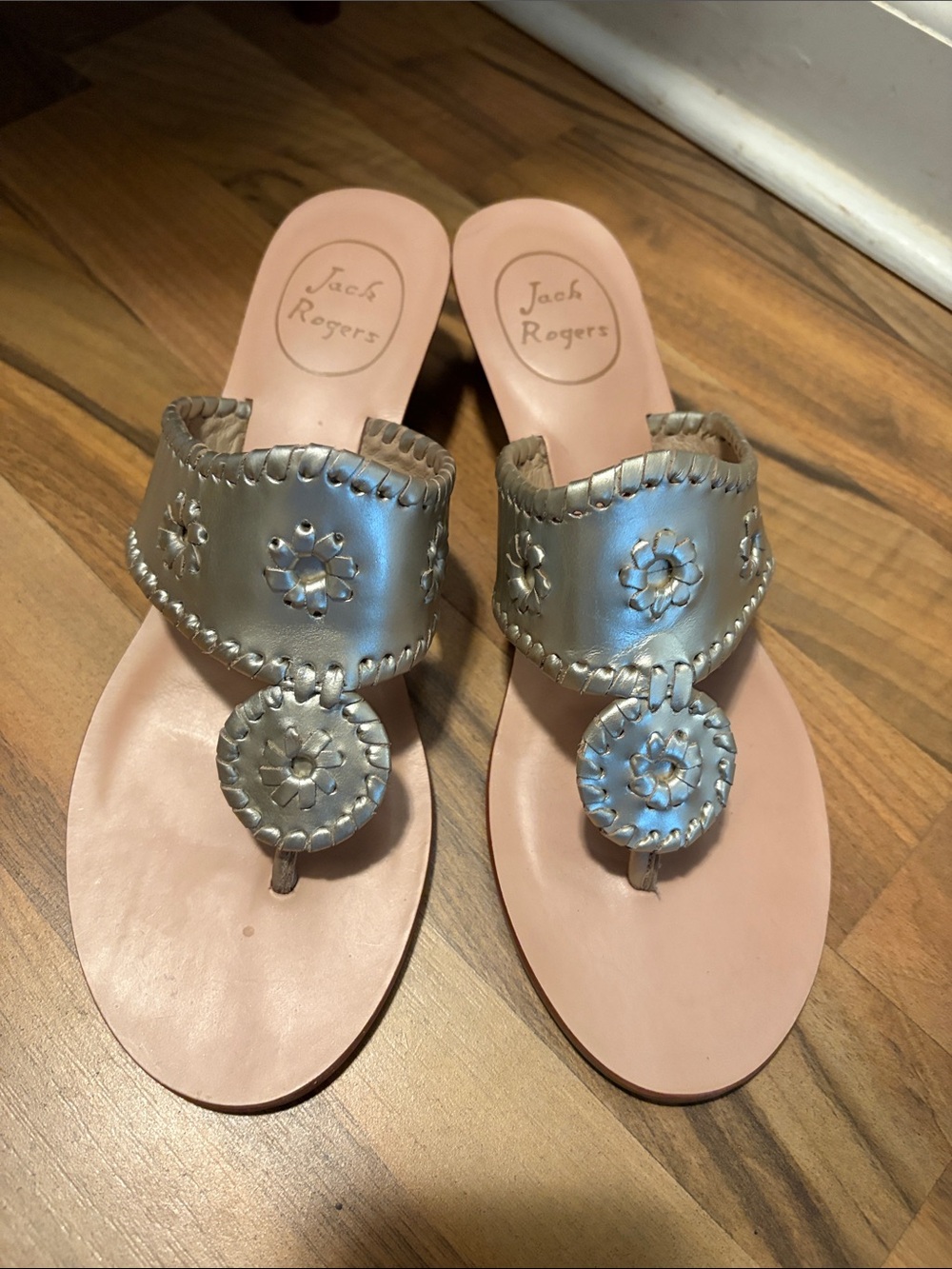 Jack Rogers Metallic Silver Thong Sandals with Medallion Detail